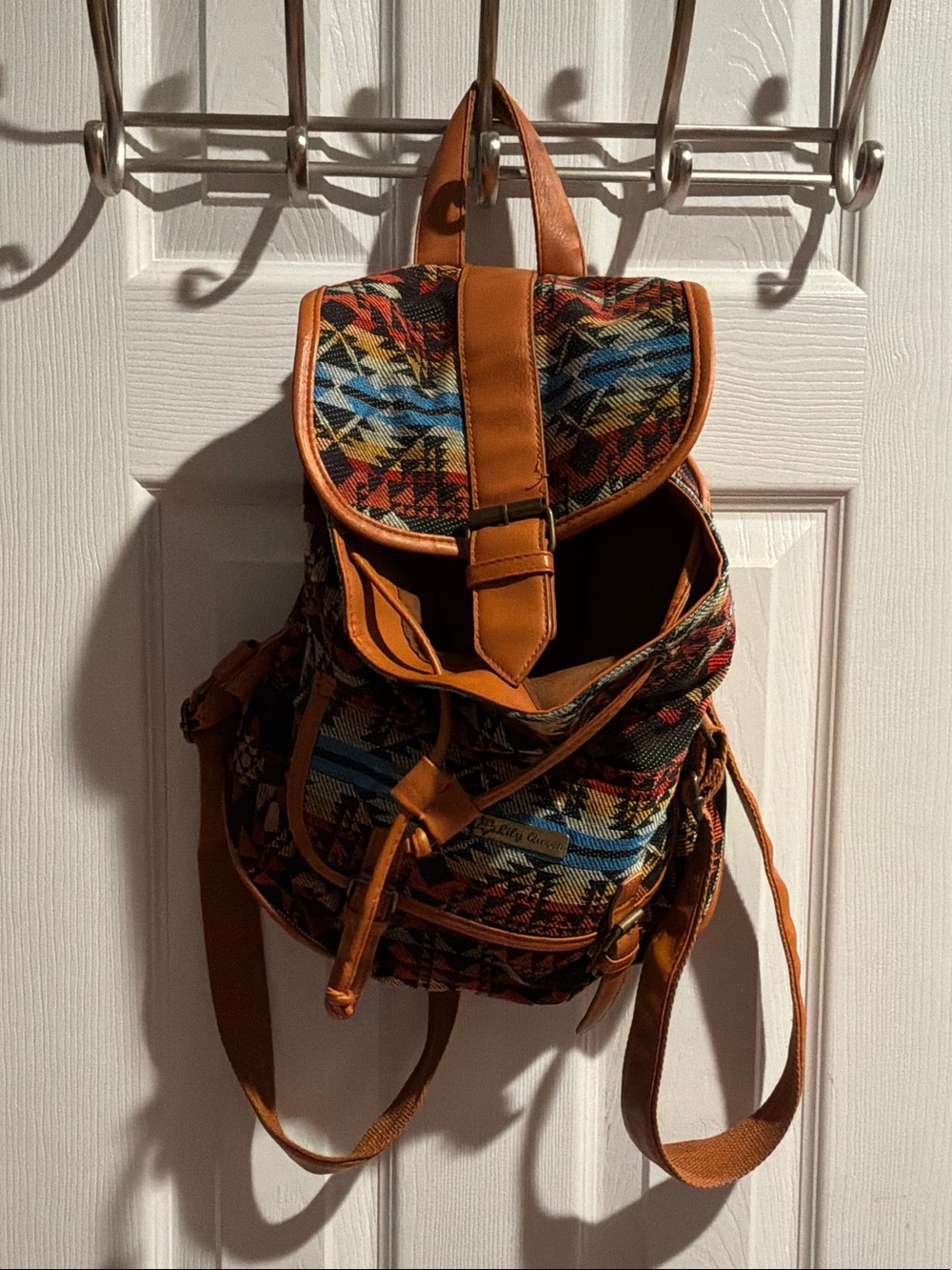 Multicolor Patterned Canvas Backpack with Tan Trim